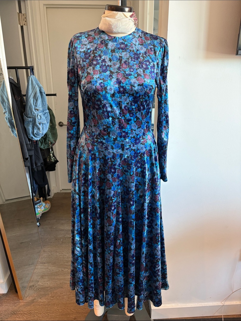Free People Blue Floral Velvet Long-Sleeve Midi Dress